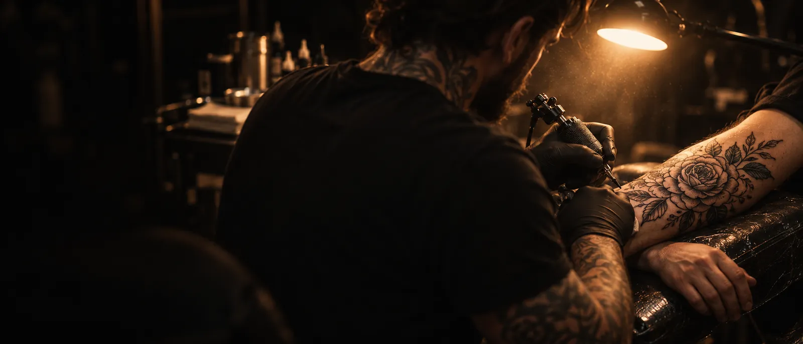 Artist in black gloves, seen over the shoulder, tattooing a rose on a forearm under a work lamp