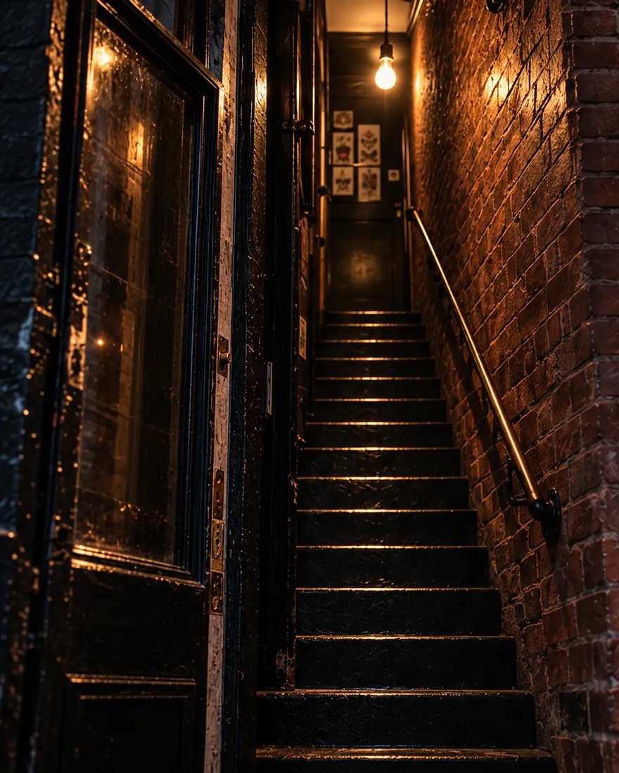A narrow brick stairwell rising from an open street door, lit by one bare bulb at the top