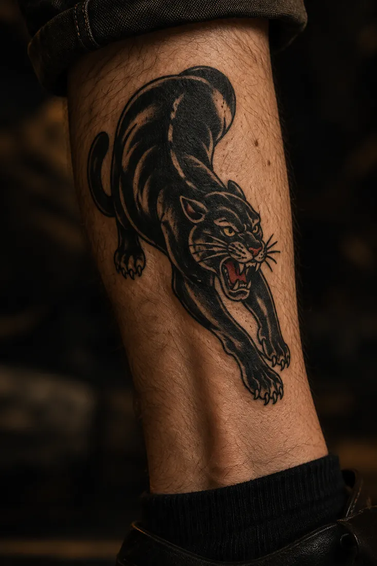 Healed solid black panther tattoo prowling down an outer calf towards the ankle, low warm light