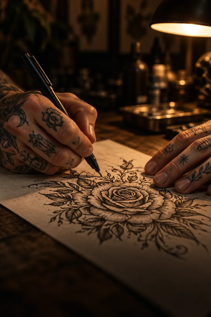 Tattooed hands inking a detailed rose design on paper at a desk under a warm lamp