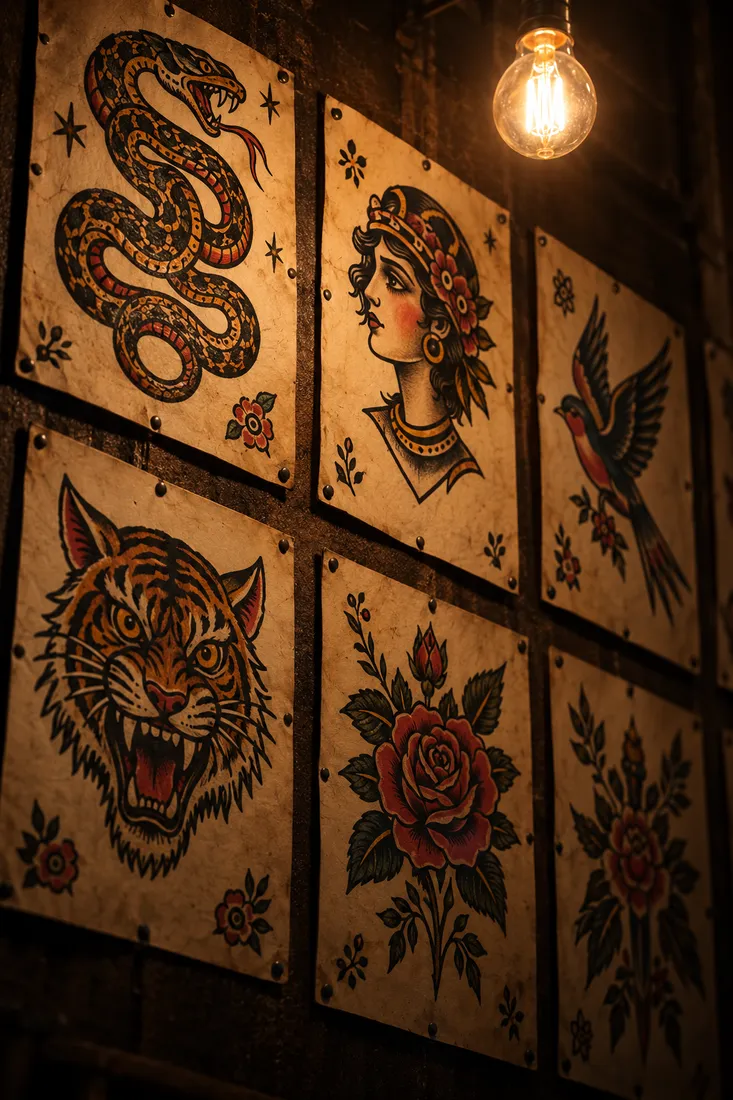 Traditional flash sheets pinned to a dark wall under a bare bulb: snake, woman, swallow, tiger, roses