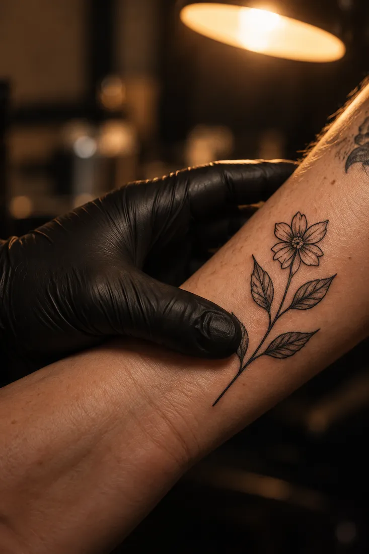 Black-gloved hand holding a forearm to check a healed fine-line flower sprig under a lamp