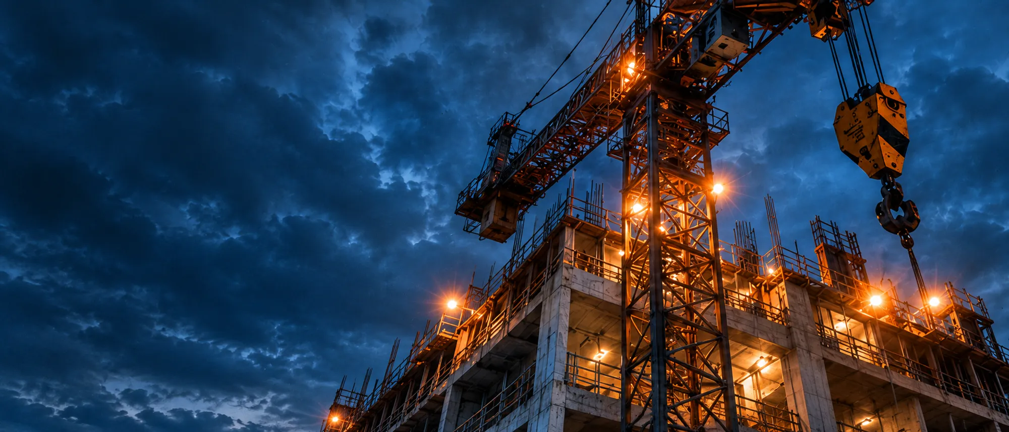 Tower crane seen from below at blue hour, its hook block hanging close, floodlit concrete floors beneath