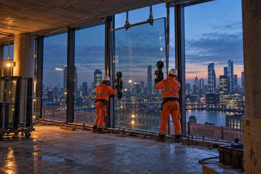 Two glaziers in hi-vis fitting a large glass panel on a bare office floor, the city at dusk beyond