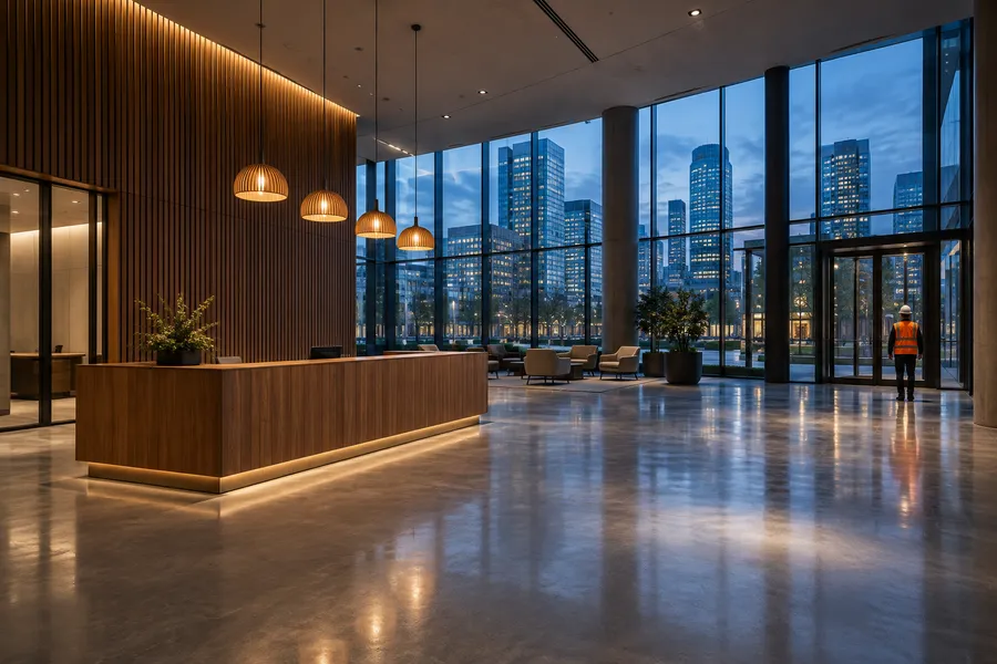 Finished office lobby at dusk with a timber reception desk, pendant lights and tall glazing onto towers