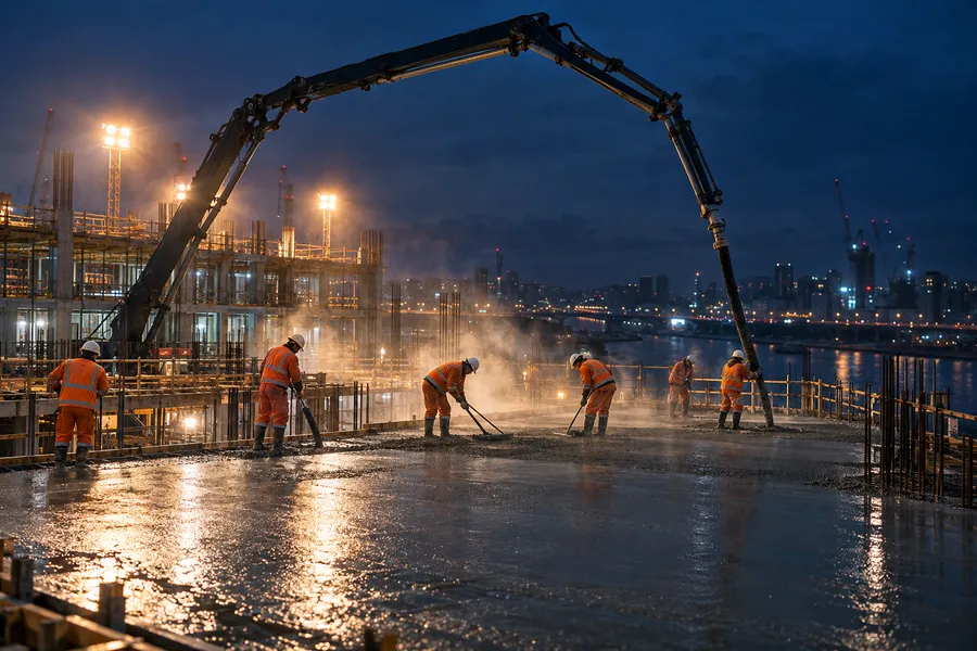 Night concrete pour under floodlights, a pump boom arching over workers spreading wet concrete