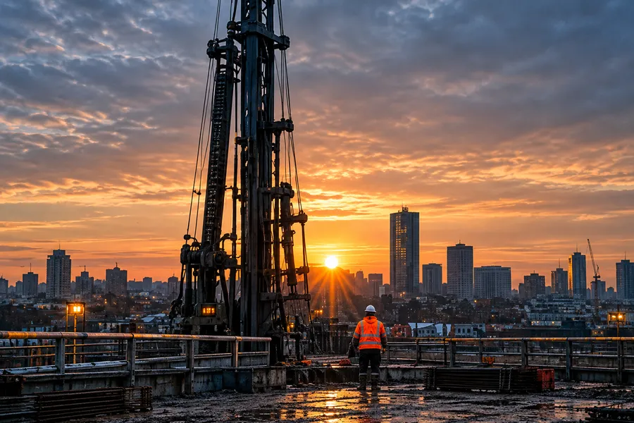 Piling rig mast silhouetted against a dawn sun over city towers, one worker in hi-vis at its foot