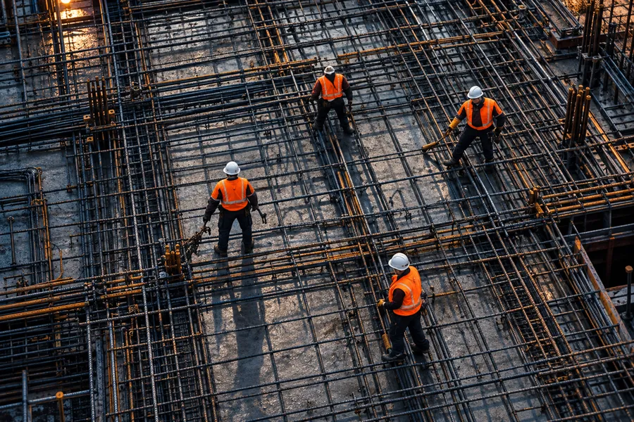 Four steel fixers in hi-vis and white hard hats tying a grid of reinforcement bars, seen from above
