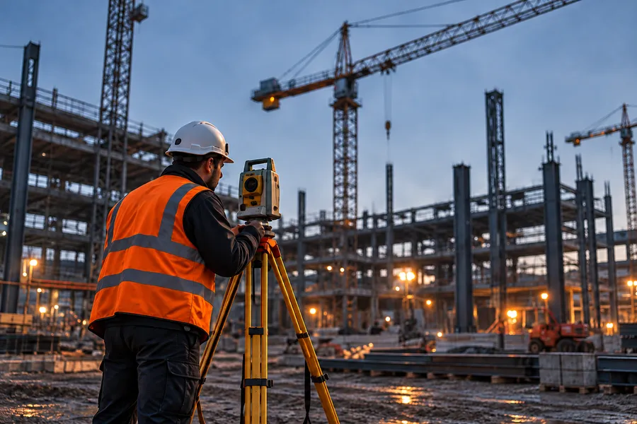 Surveyor in a hi-vis vest at a total station on a yellow tripod, a steel frame and cranes behind at dusk