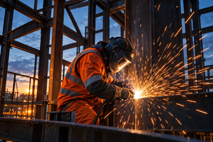 Welder in hi-vis and mask inside a steel frame, a bright fan of orange sparks, blue dusk light