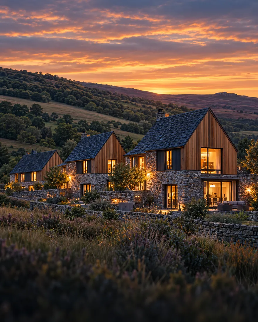 Stone and larch-clad family homes on the edge of moorland at sunset, lit windows and heather in front