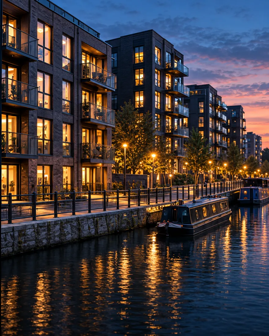 Dark brick canal-side apartment blocks with balconies at dusk, a narrowboat moored by the lit towpath