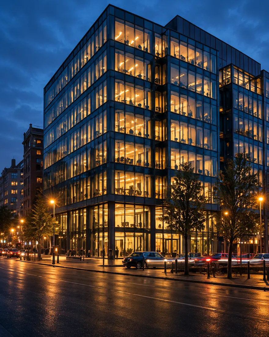 Nine-storey glass office building with every floor lit at dusk, seen from a wet street with trees