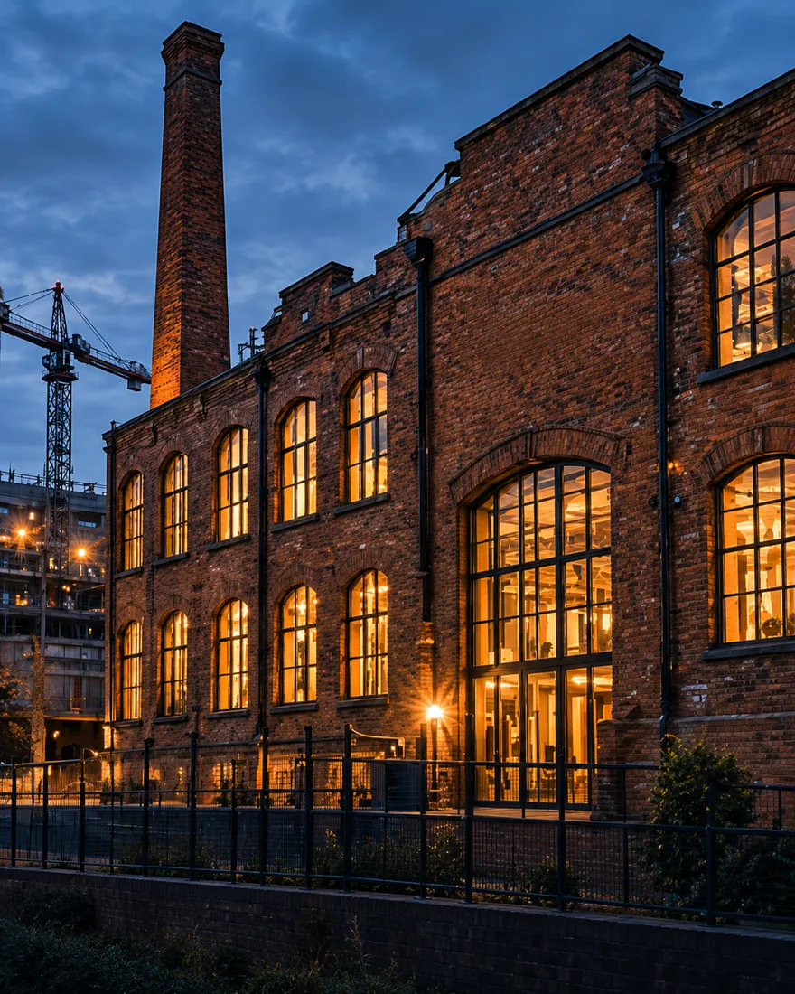 Restored red-brick Victorian works with a tall chimney and arched windows glowing warm at dusk