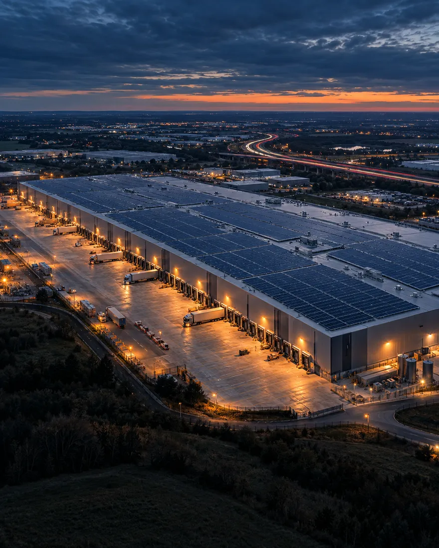 Aerial dusk view of a vast warehouse with a solar-panel roof and lit loading docks beside a motorway