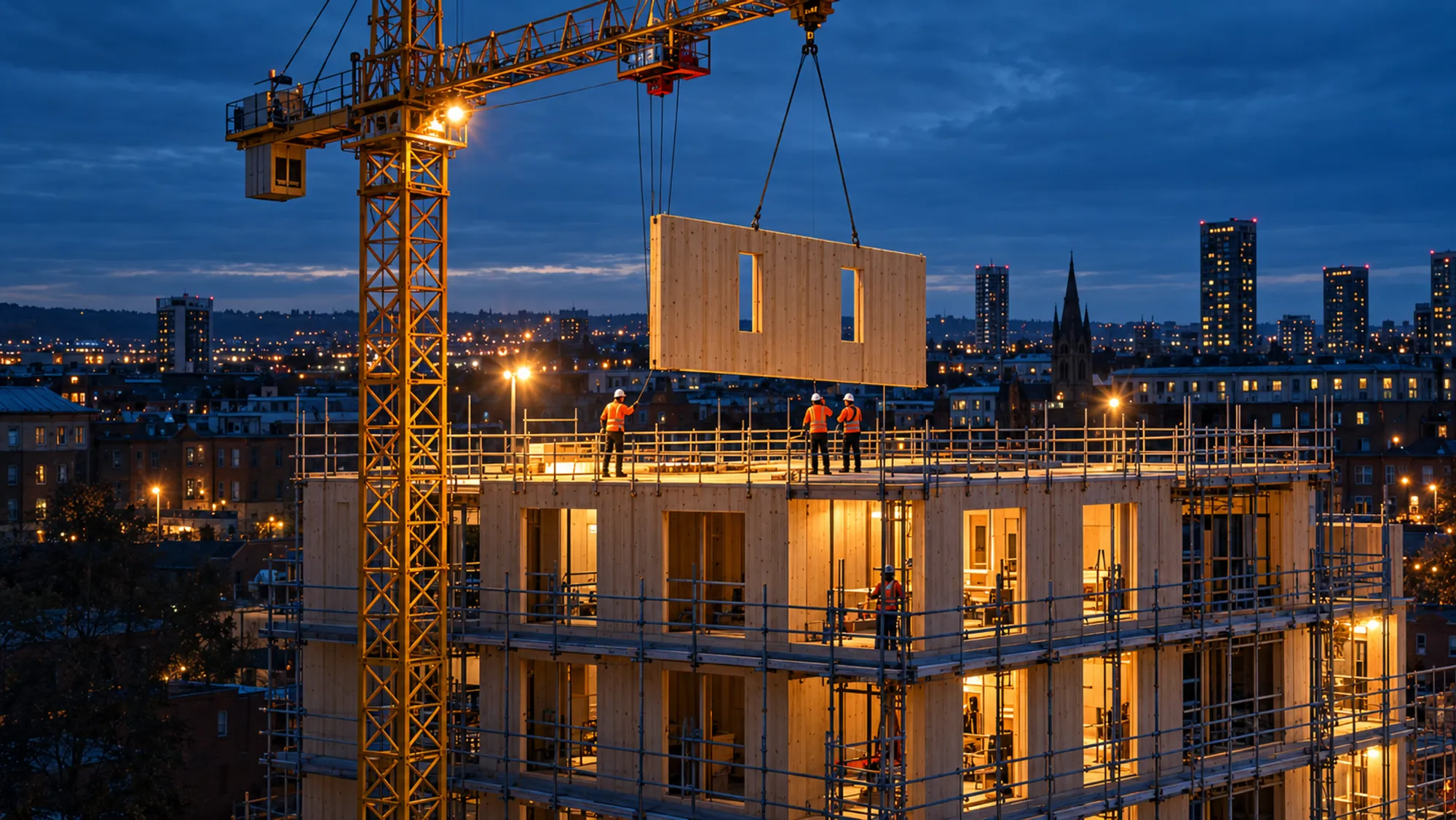 Tower crane lowering a timber wall panel onto a lit five-storey timber frame at blue hour, crew on the top deck