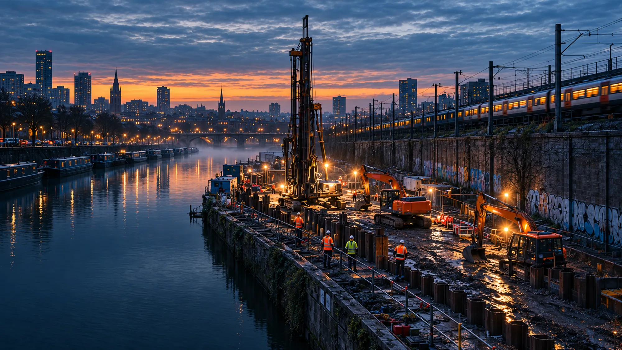 Piling rig and two excavators on a narrow muddy site between a canal and a railway wall at dawn, workers in hi-vis