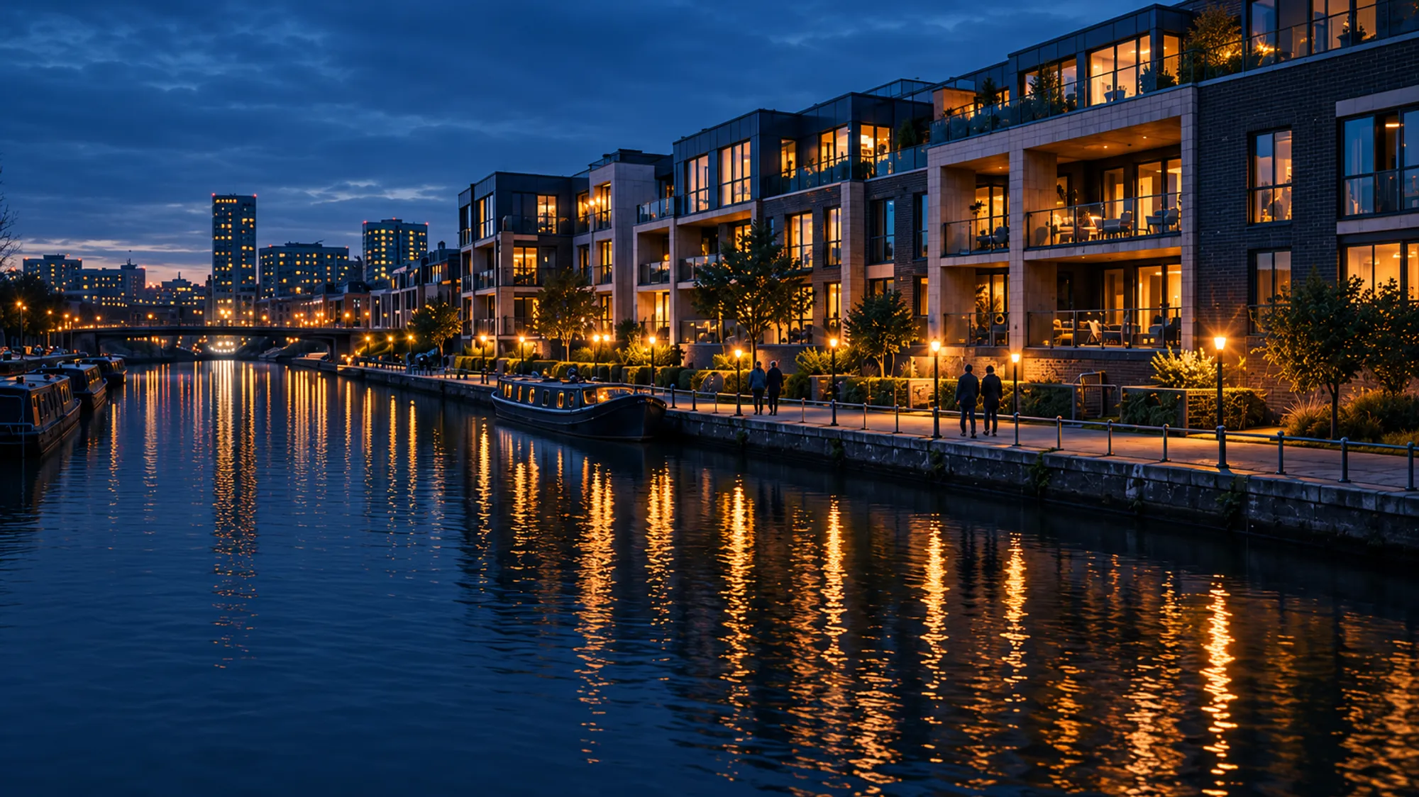Finished canal-side apartment blocks with lit balconies at blue hour, people on the towpath, lights in the water