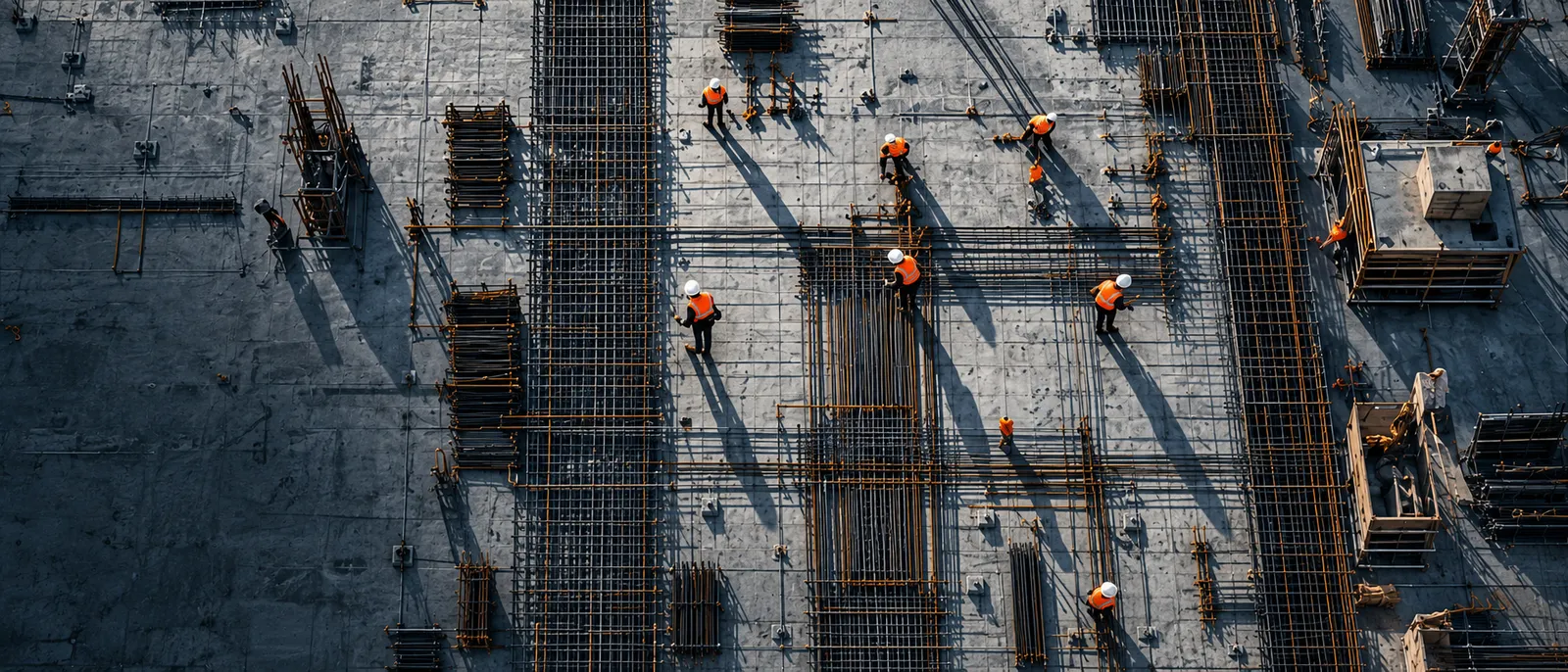Aerial view straight down on steel fixers in hi-vis tying reinforcement bars across a vast concrete deck