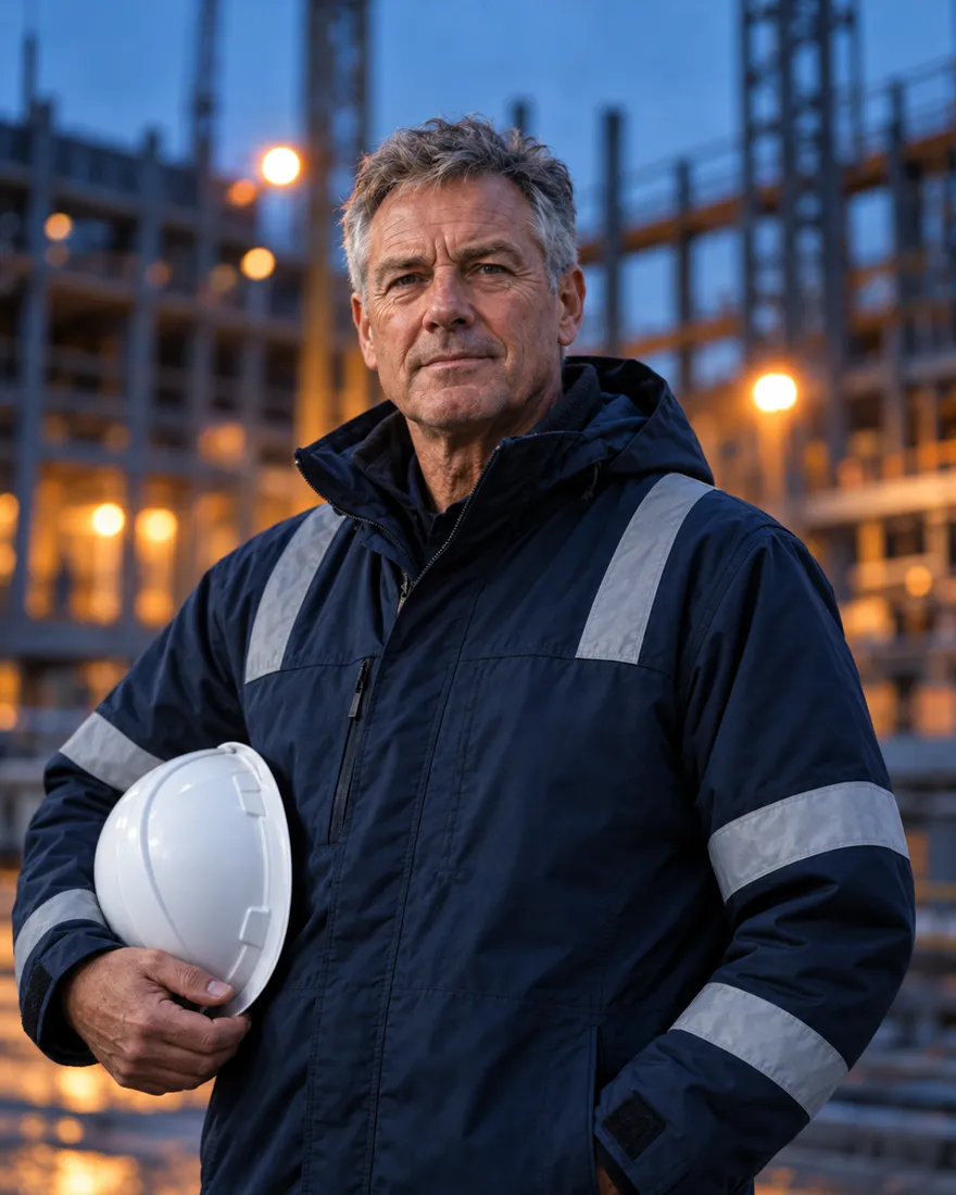 Graham Whitlock, grey-haired, in a navy site jacket holding a white hard hat on a lit site at dusk
