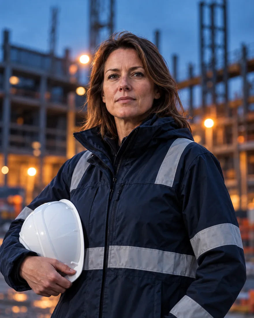 Hannah Brierley, shoulder-length brown hair, in a navy site jacket holding a white hard hat at dusk