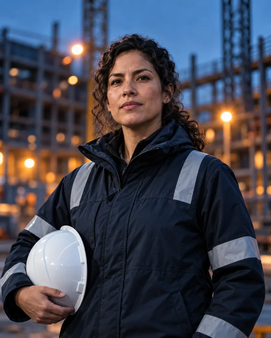 Leah Moreno, dark curly hair, in a navy site jacket holding a white hard hat on a lit site at dusk