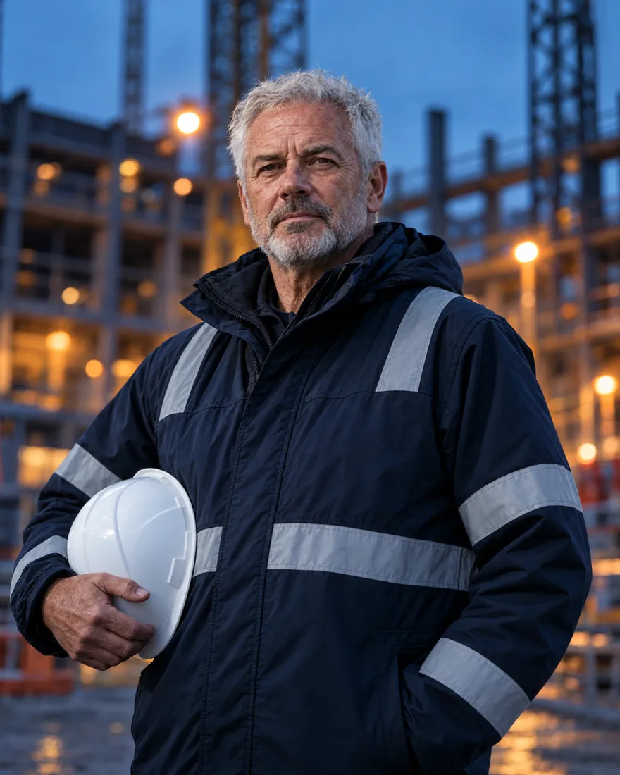Martin Ashby, white hair and grey beard, in a navy site jacket holding a white hard hat at dusk