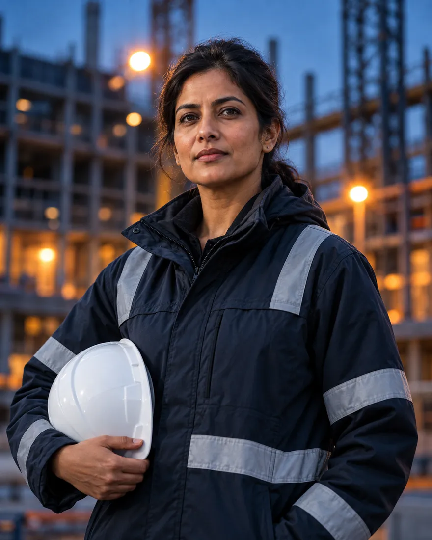 Priya Raman, dark hair tied back, in a navy site jacket holding a white hard hat on a lit site at dusk