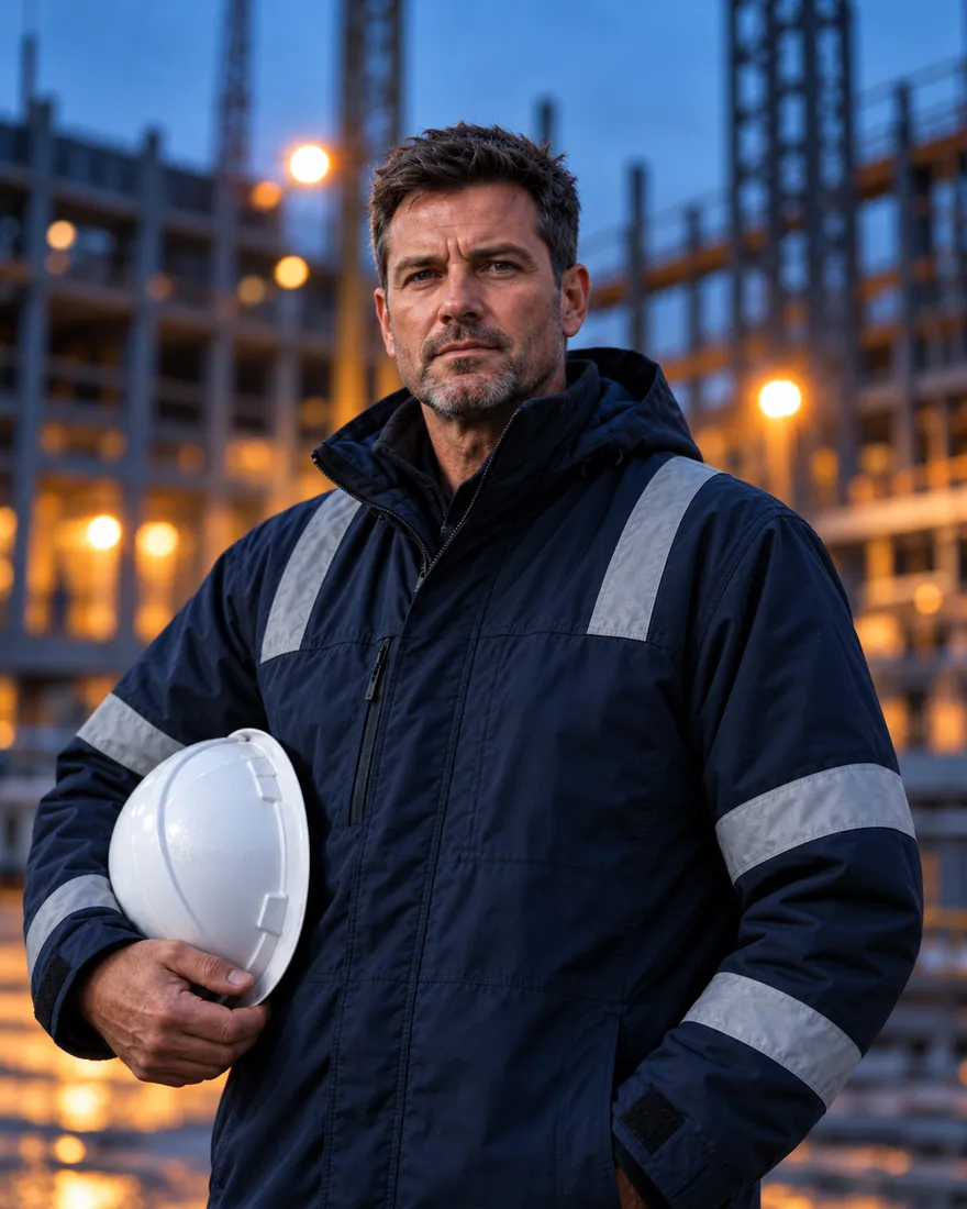 Tomasz Kowal, short dark hair and stubble, in a navy site jacket holding a white hard hat at dusk