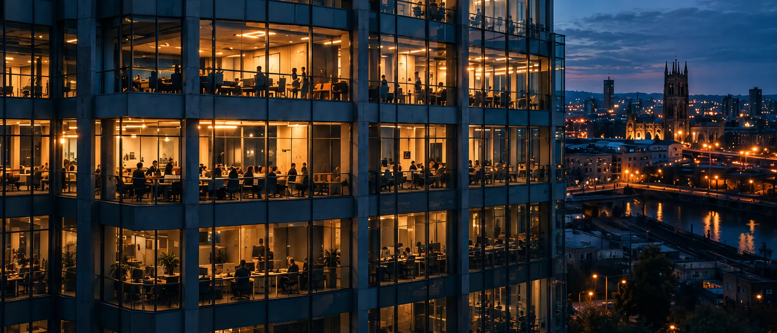 Lit open-plan office floors behind a concrete and glass façade at dusk, a church tower and river beyond