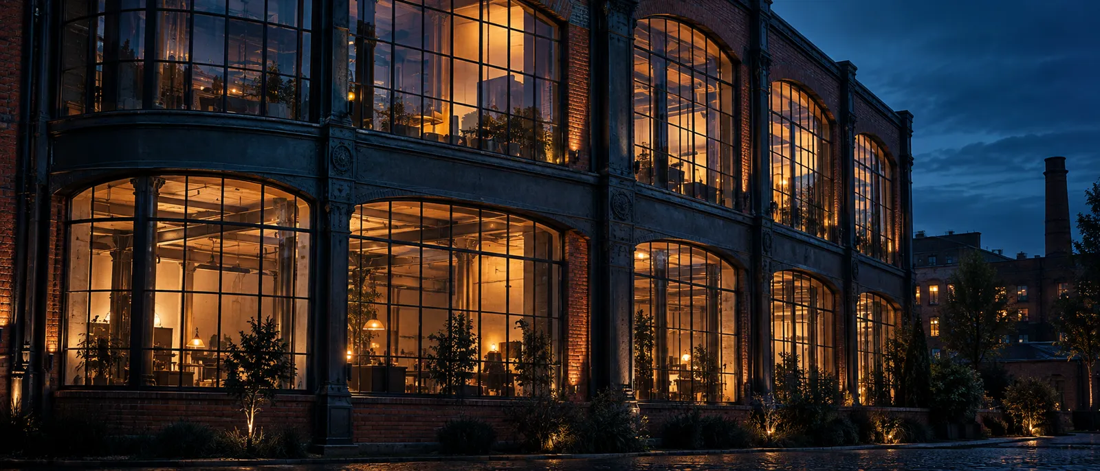 Tall arched steel windows of a restored brick works glowing warm at dusk, cast-iron columns inside