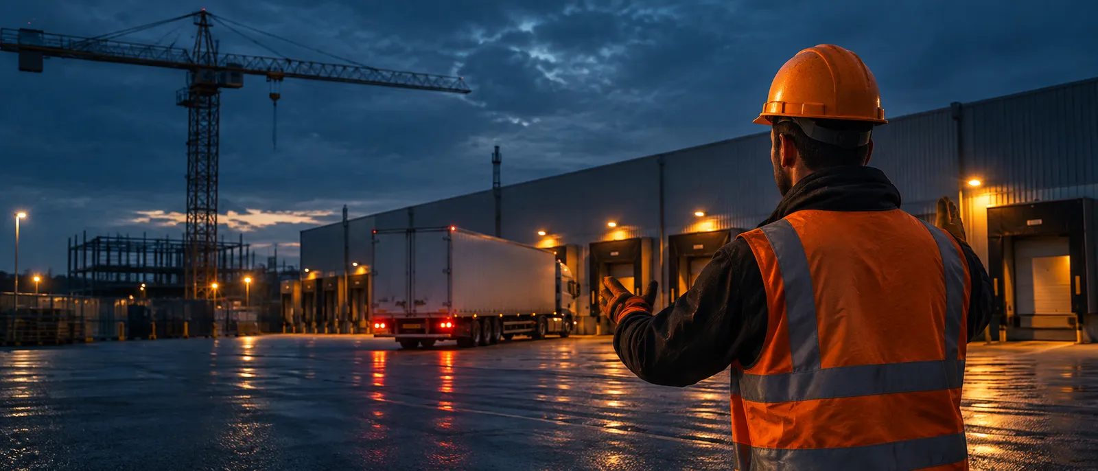Operative in hi-vis and an orange hard hat guiding a lorry into a lit loading dock at dusk, crane beyond