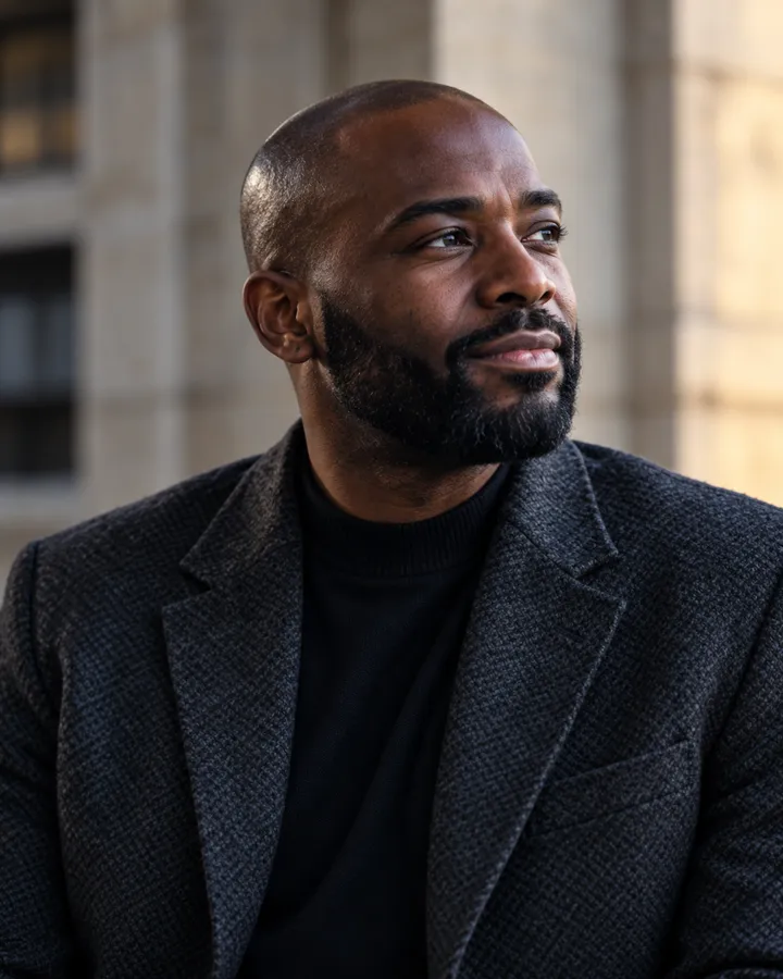 Portrait of Daniel Asante with a short beard, in a dark jacket, looking aside