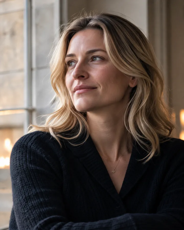 Portrait of Freya Hollis with wavy blonde hair beside a tall bright window