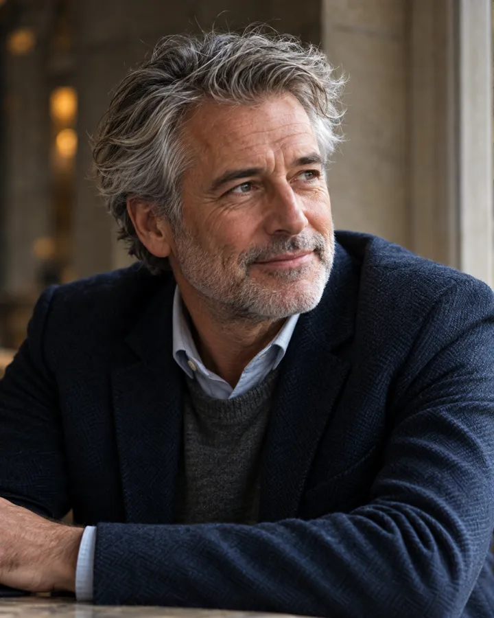 Portrait of Hugh Bellamy, grey-haired, in a navy jacket, smiling against Bath stone