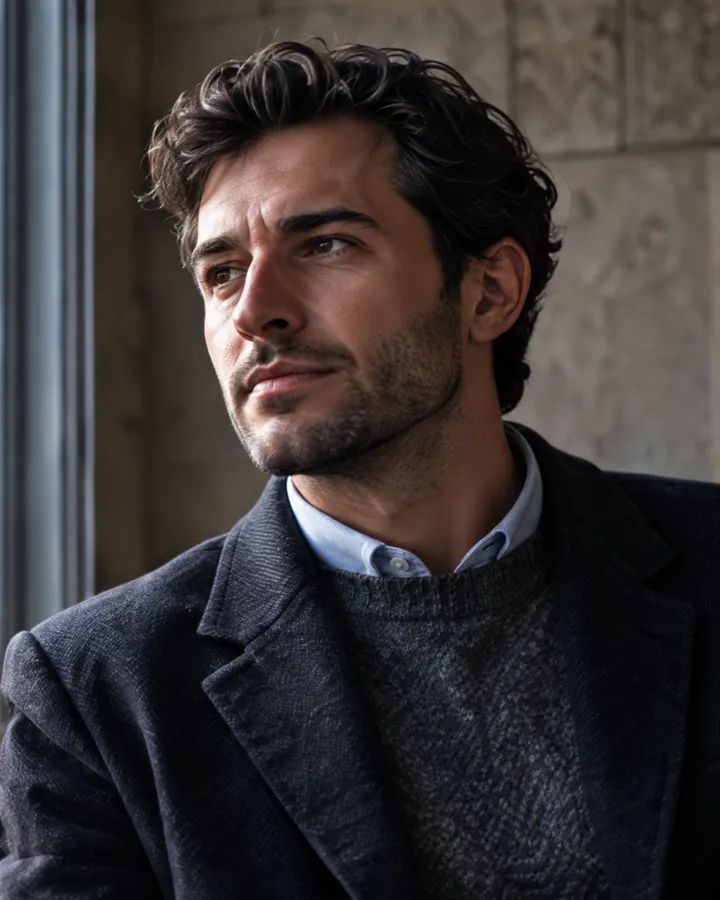 Portrait of Luca Moretti with dark hair and a short beard, in a charcoal jacket