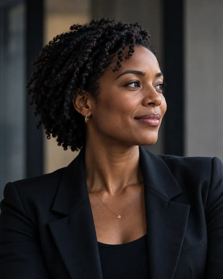 Portrait of Mai Okafor-Lin with short curly hair, in a black blazer, looking aside