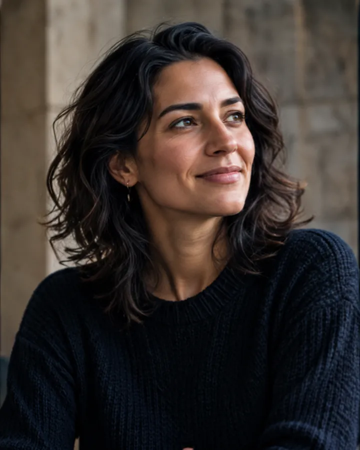 Portrait of Rosa Delgado with long dark wavy hair, in a black jumper, smiling