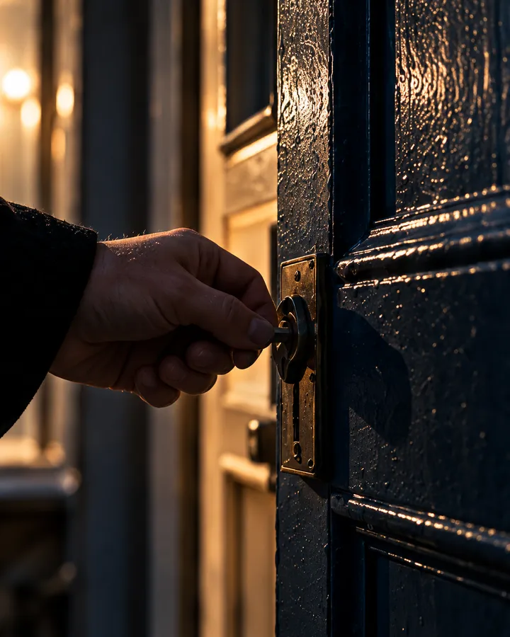 A hand turning a key in a glossy dark front door at night, lamplight to one side