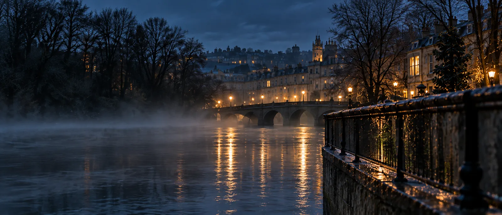 Bath stone buildings across a misty river at night, one upper window lit, a wet parapet in the foreground