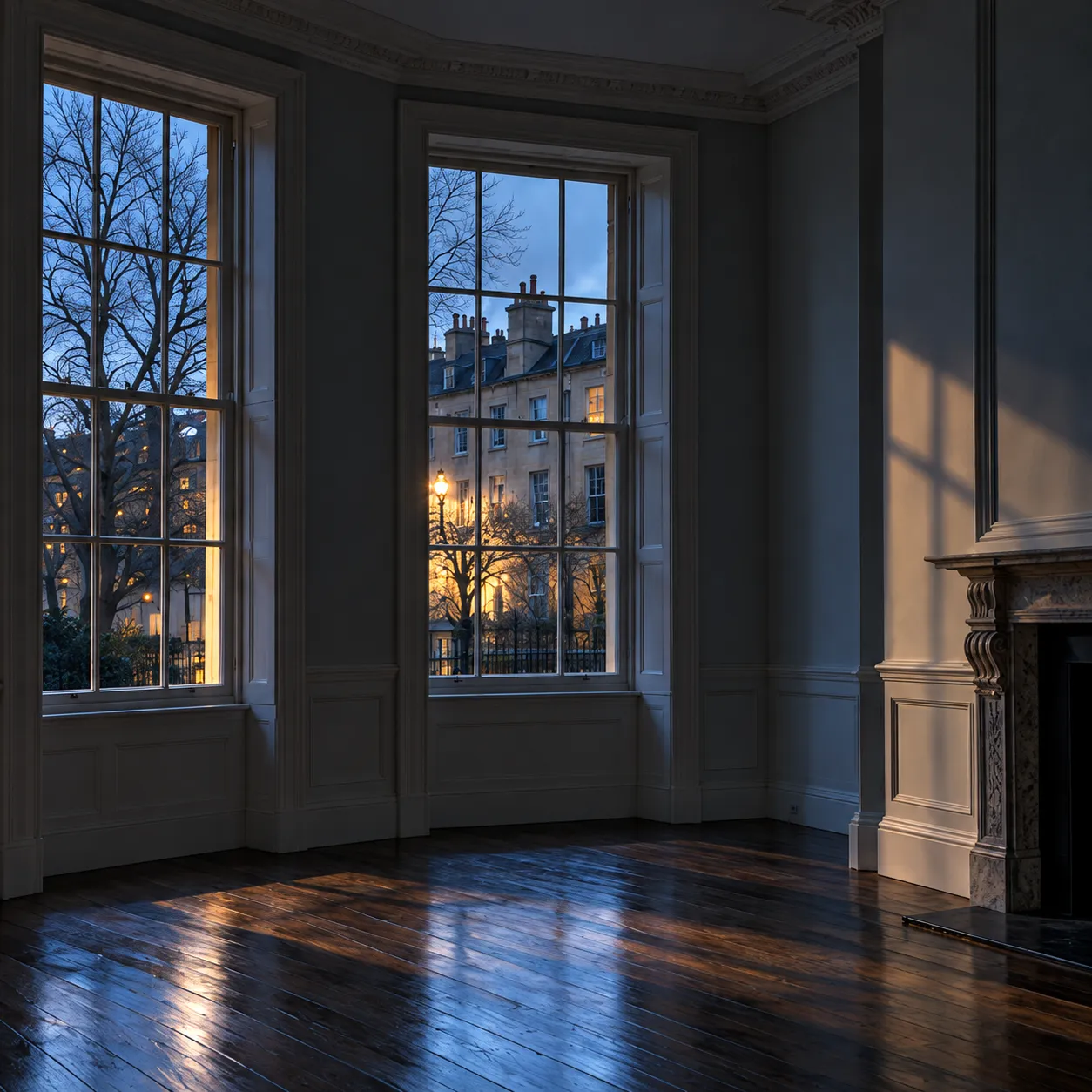 An empty Georgian room at dusk, tall bay windows looking out on bare trees and a lit stone terrace