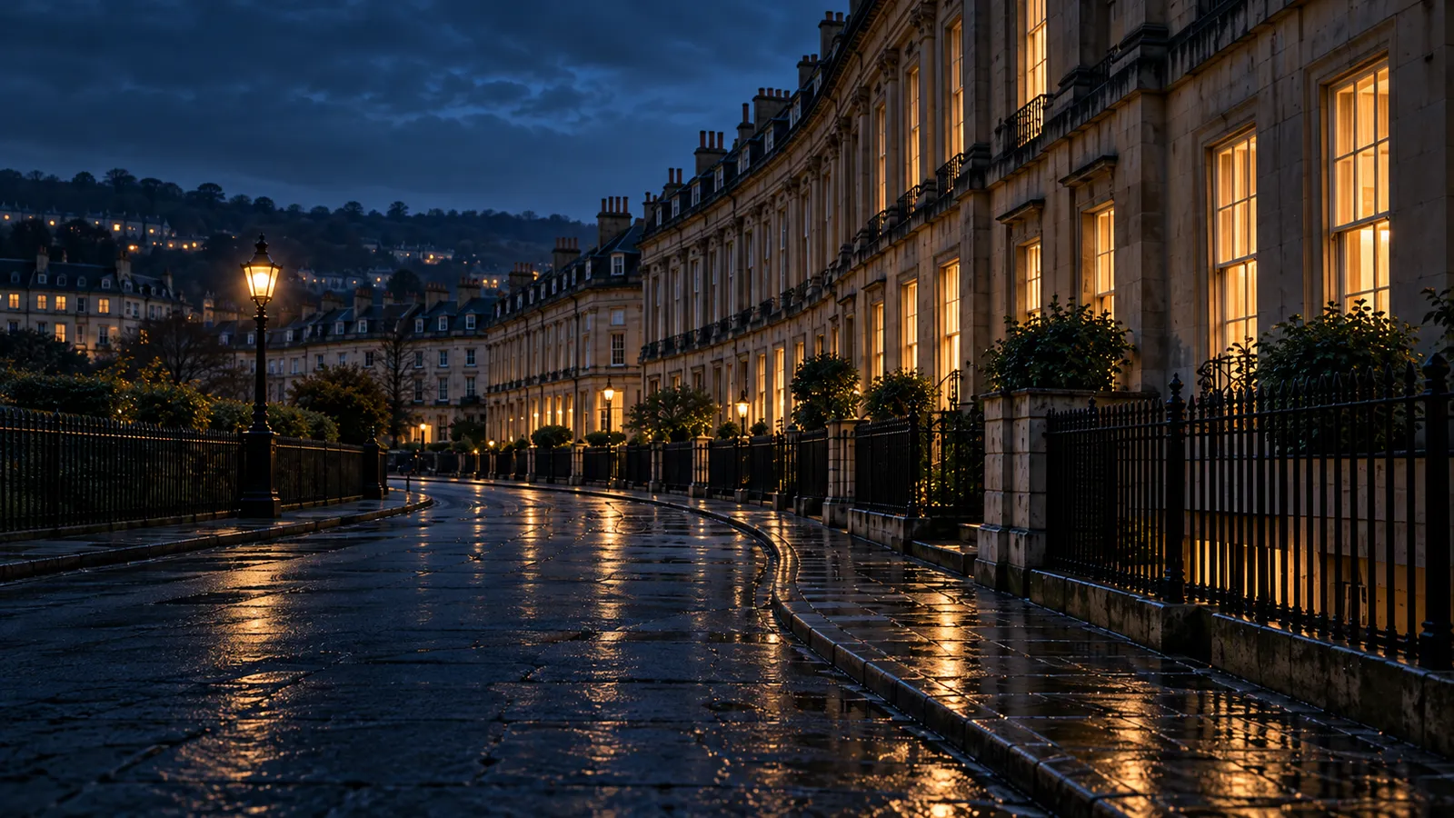 A curving Georgian crescent of honey stone at blue hour, its sash windows lit, the wet pavement reflecting a street lamp