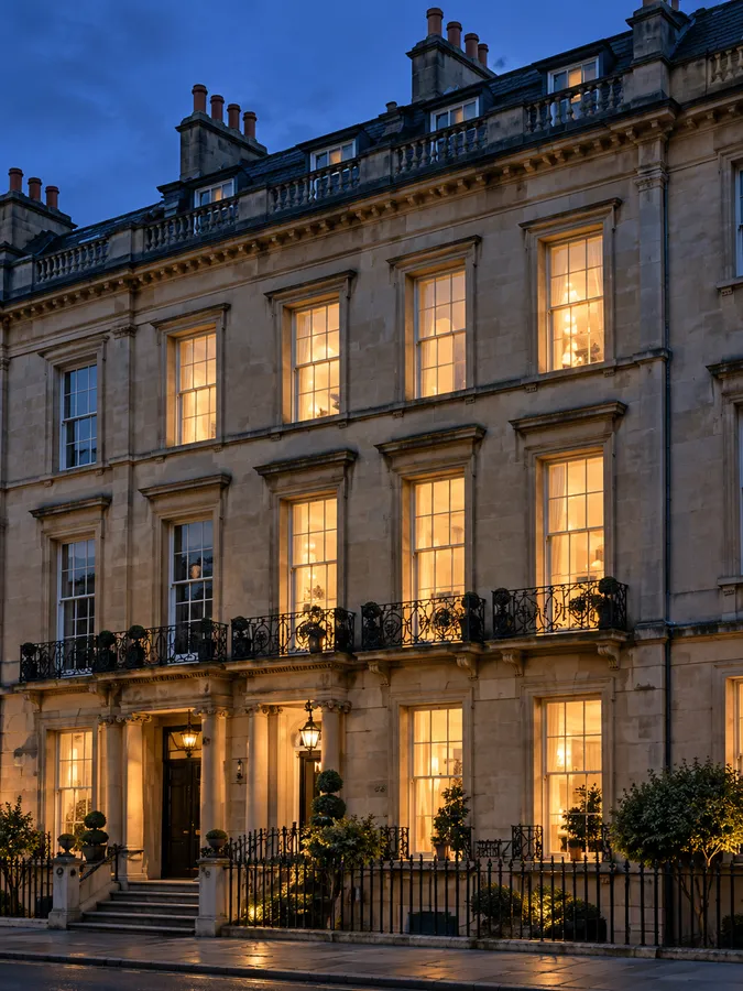 A tall Georgian stone townhouse at dusk, three storeys of lit sash windows behind iron railings