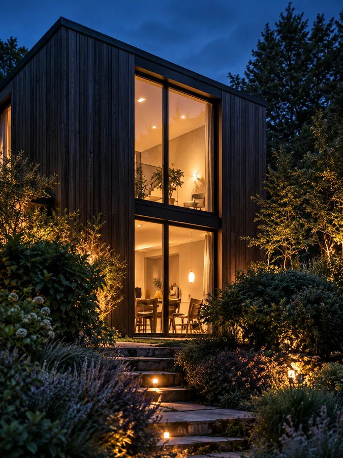 A modern family house with a dark cedar upper storey and tall lit windows above a planted garden