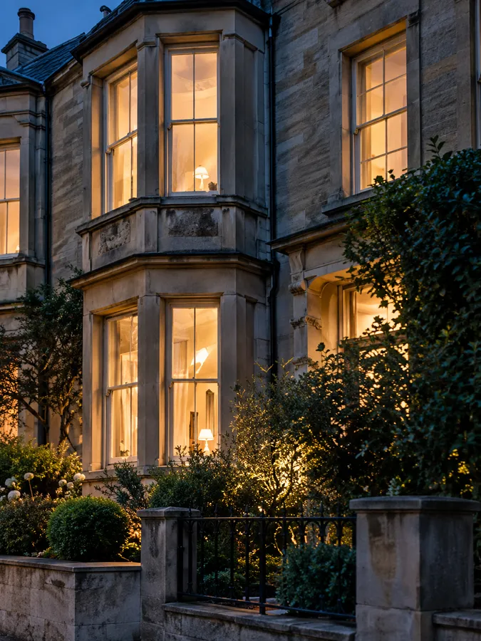 An Edwardian stone terrace house with a two-storey bay window lit at dusk