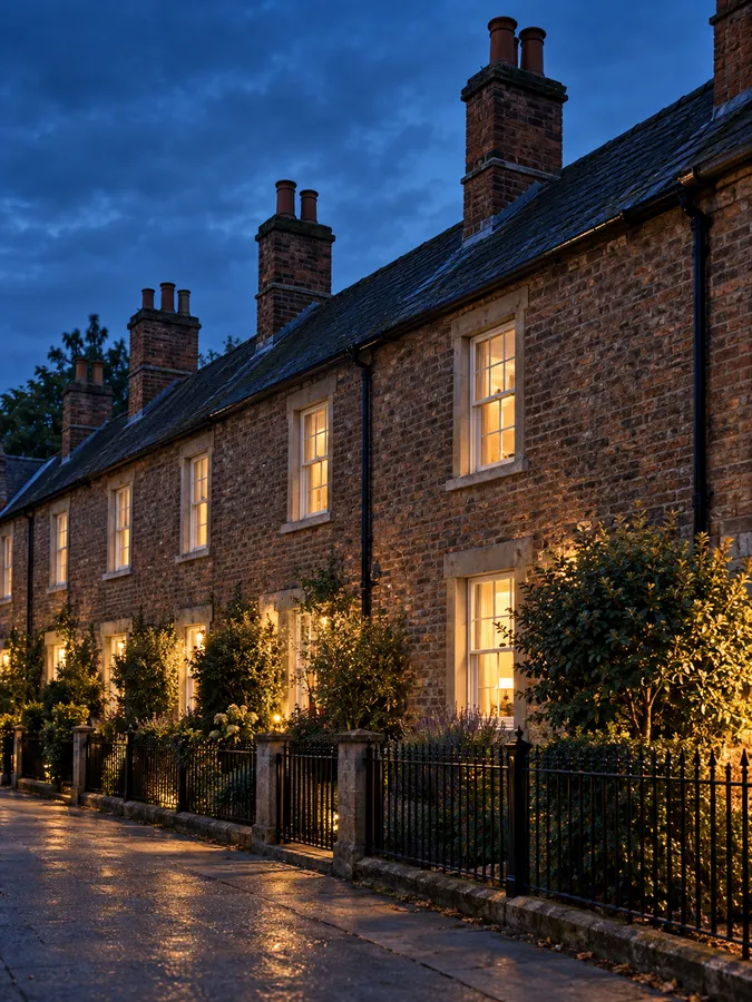 A row of stone cottages with tall chimneys along a quiet lane at dusk