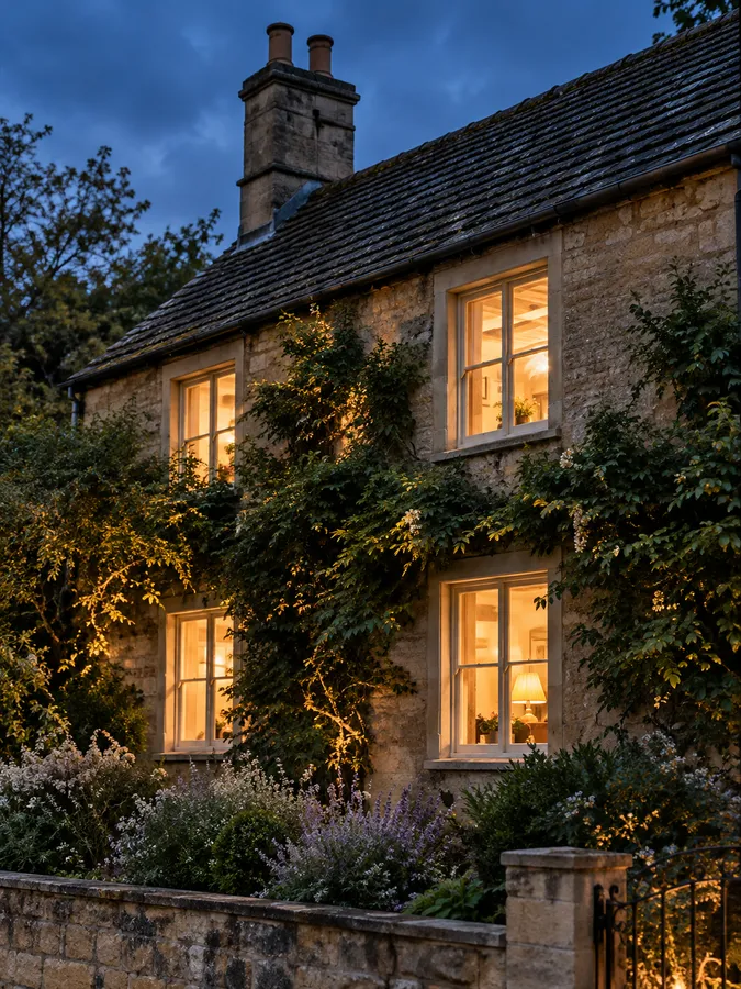 A honey-stone village cottage with small lit windows framed by climbing plants