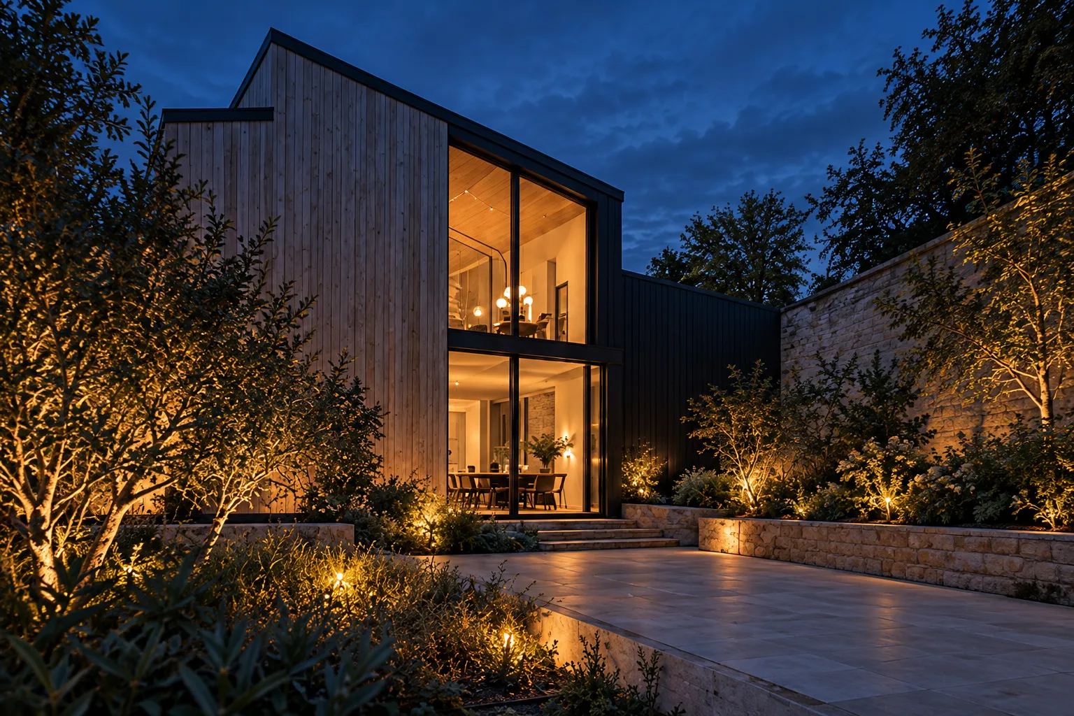A modern house clad in pale larch and black boards, its double-height glazed hall glowing at dusk