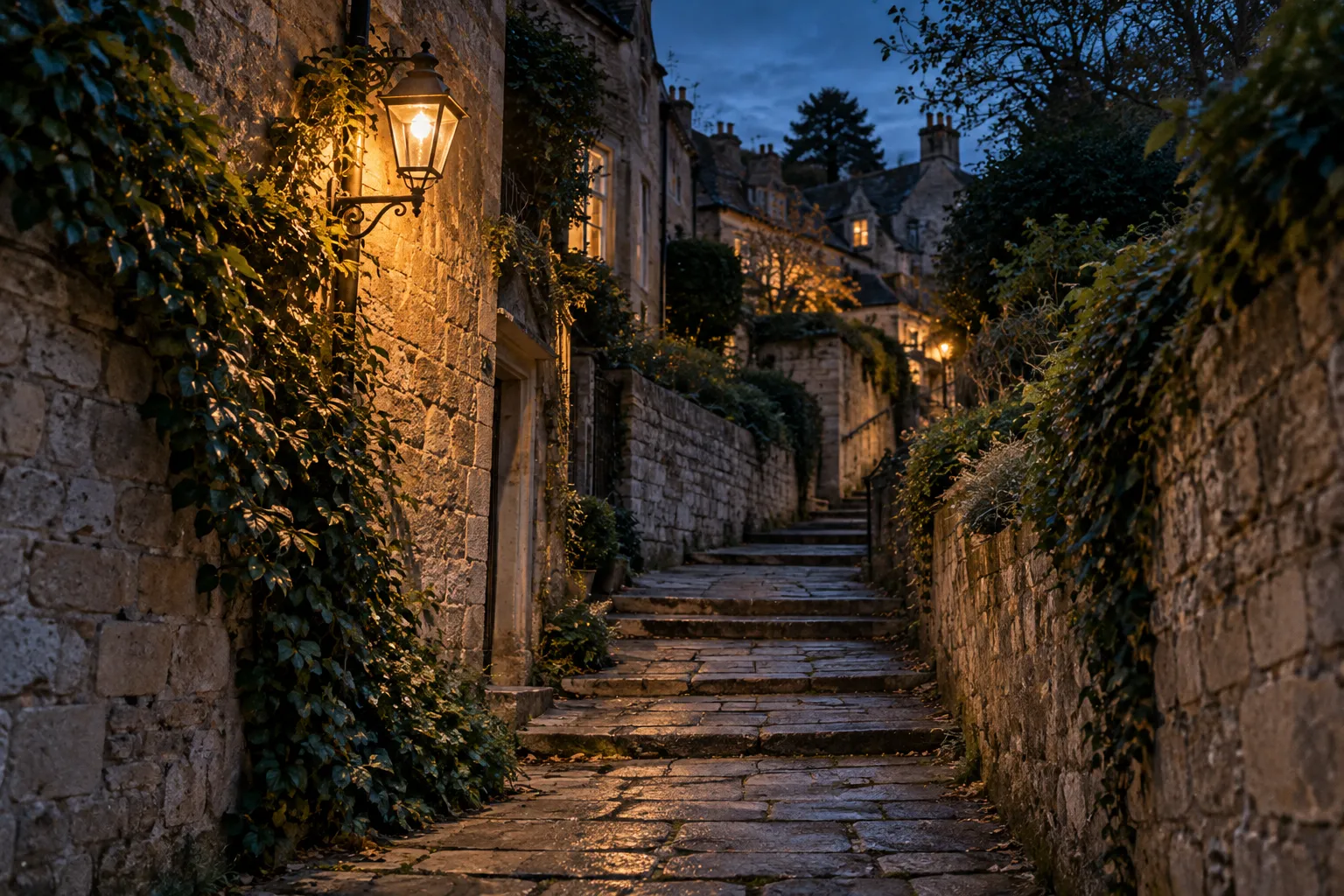 A narrow stone footpath between old walls climbing a hill at dusk, a lamp lit