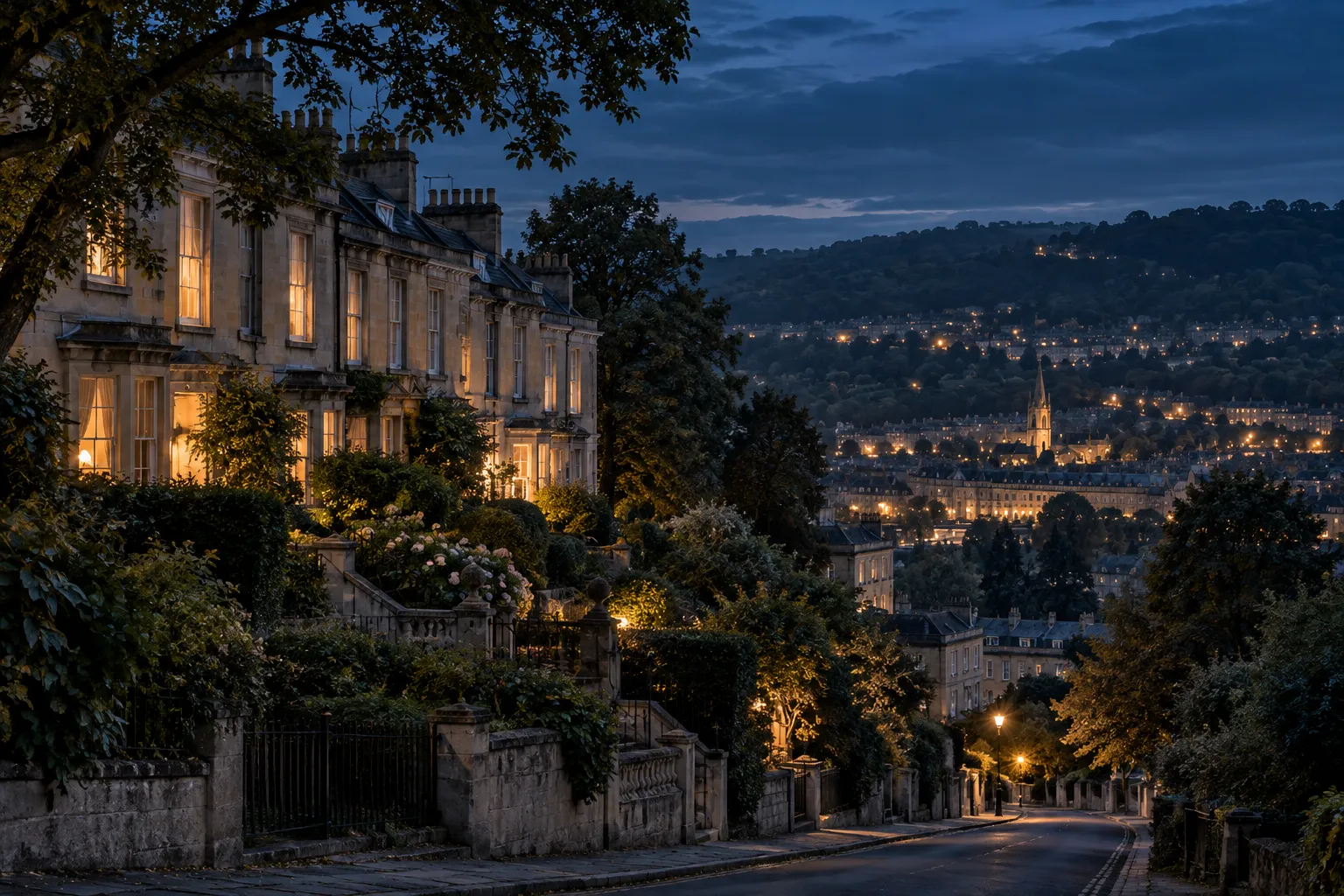 Stone villas on a tree-lined hillside above the city at blue hour